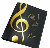 Két gyűrűs mappa ''All I need is Music'' arany színű mintával.